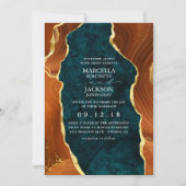 ティール(緑がかった色)大理石、焦げたオレンジと金ゴールド瑪瑙 招待状 (正面)