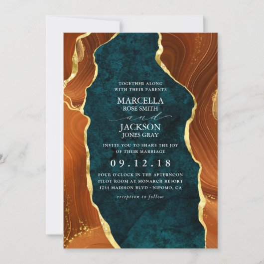 ティール(緑がかった色)大理石、焦げたオレンジと金ゴールド瑪瑙 招待状 (正面)