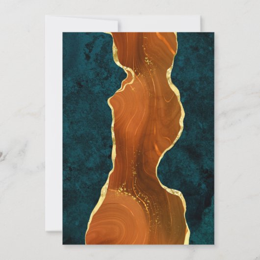 ティール(緑がかった色)大理石、焦げたオレンジと金ゴールド瑪瑙 招待状 (裏面)