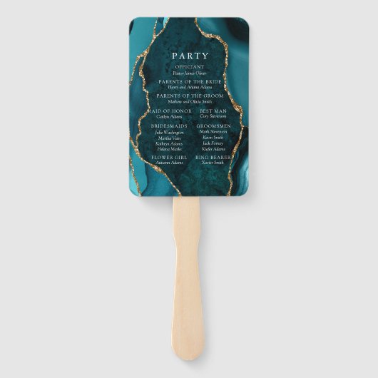 ティール（緑がかった色）、大理石&金ゴールドアゲート結婚式 プログラム ハンドファン (裏面)