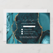 ティール(緑がかった色)、大理石&金ゴールド瑪瑙ウェディングRSVP招待状 招待状 (正面)