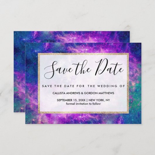 ティール(緑がかった色)威厳のあるパープルスター宇宙ネブラ セーブザデート (正面/裏面)