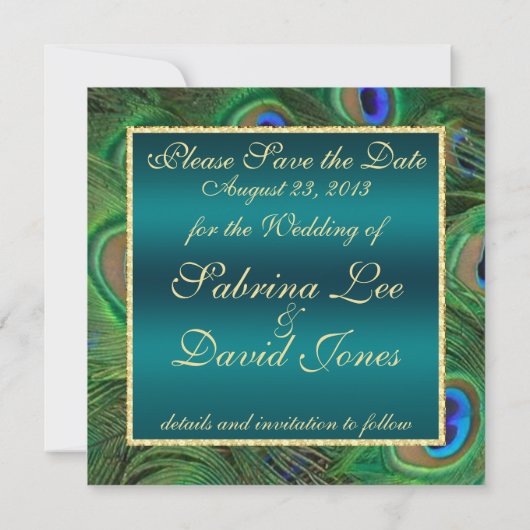 ティール(緑がかった色)孔雀の日付を保存 セーブザデート (裏面)