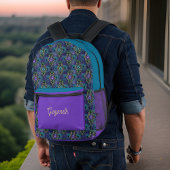 ティール（緑がかった色）孔雀の羽と紫の金ゴールドモノグラム プリントバックパック