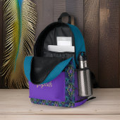 ティール（緑がかった色）孔雀の羽と紫の金ゴールドモノグラム プリントバックパック