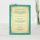 ティール(緑がかった色)孔雀の羽QRコードインディアン結婚 招待状 (裏面)
