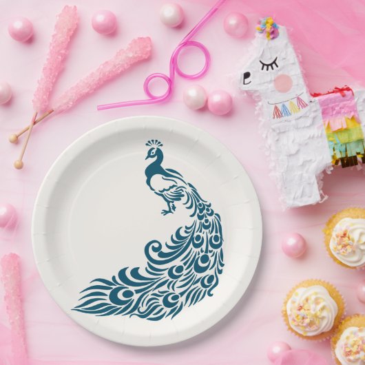 ティール（緑がかった色）孔雀はっきりしたスタイリッシュアールデコデザイン ペーパープレート (パーティー)