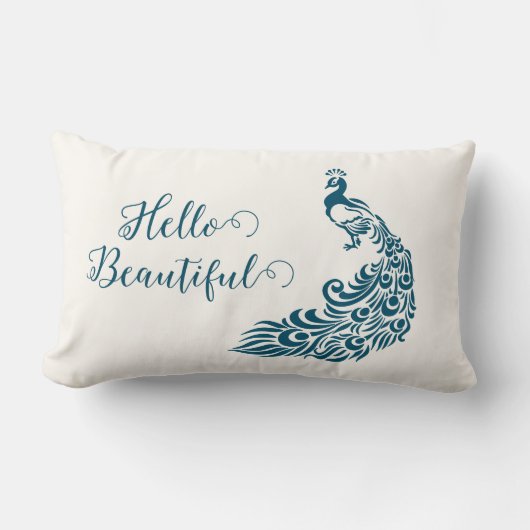 ティール(緑がかった色)孔雀はっきりしたスタイリッシュアールデコデザイン ランバークッション (正面)