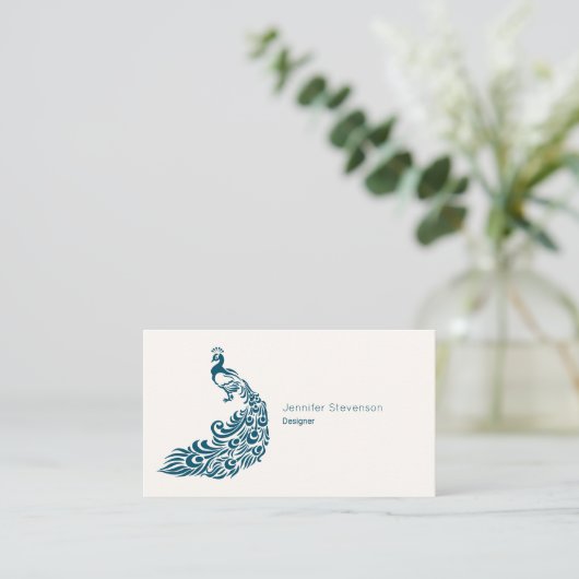 ティール（緑がかった色）孔雀はっきりしたスタイリッシュアールデコデザイン 名刺 (スタンド正面)
