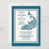 ティール（緑がかった色）孔雀はっきりしたLスタイリッシュアールデコデザイン 招待状 (正面)