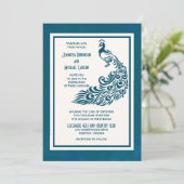 ティール（緑がかった色）孔雀はっきりしたLスタイリッシュアールデコデザイン 招待状 (スタンド正面)