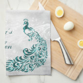 ティール（緑がかった色）孔雀キッチンパーソナライズされたタオル キッチンタオル (四つ折り)