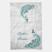 ティール（緑がかった色）孔雀キッチンパーソナライズされたタオル キッチンタオル (縦)