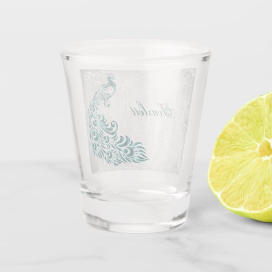 ティール(緑がかった色)孔雀パーソナライズされたショットガラス ショットグラス (裏面)