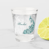 ティール(緑がかった色)孔雀パーソナライズされたショットガラス ショットグラス (正面)