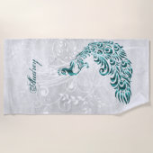 ティール(緑がかった色)孔雀パーソナライズされたビーチタオル ビーチタオル (正面)
