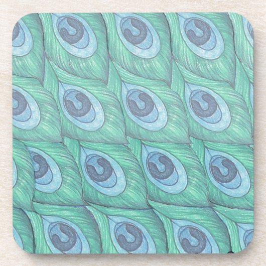 ティール（緑がかった色）孔雀フェザーパターンデザイン コースター (正面)