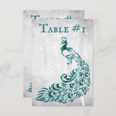 ティール（緑がかった色）孔雀リーフつる植物テーブルカード 招待状 (正面/裏面)