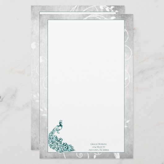 ティール（緑がかった色）孔雀文具 便箋 (正面/裏面)