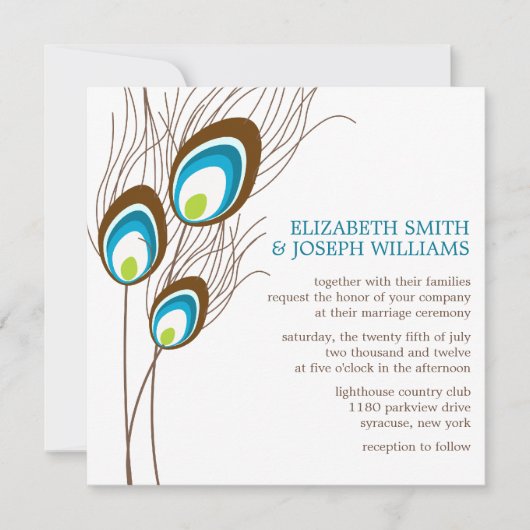 ティール(緑がかった色)孔雀結婚羽 招待状 (正面)