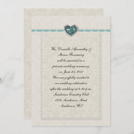 ティール(緑がかった色)宝石ハートリボン&レースポ結婚ストズ 招待状 (正面/裏面)