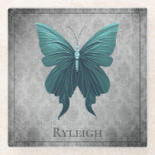 ティール（緑がかった色）宝石蝶 ガラスコースター (正面)