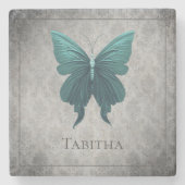 ティール（緑がかった色）宝石蝶 ストーンコースター (正面)