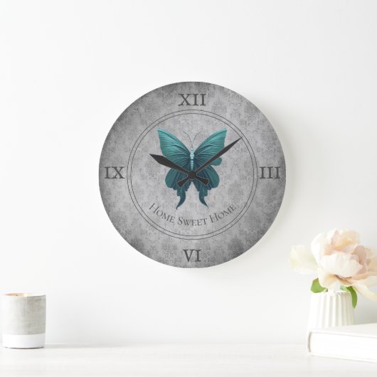 ティール(緑がかった色)宝石蝶 ラージ壁時計 (ホーム)