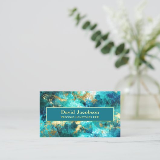 ティール(緑がかった色)宝石(金ゴールド幾何学模様) 名刺 (スタンド正面)