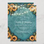 ティール（緑がかった色）工具付きレザーヒマワールカップルシャワー 招待状 (正面/裏面)