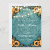 ティール（緑がかった色）工具付き革ひまわり結婚のお祝い 招待状 (正面)