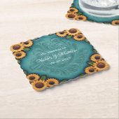 ティール（緑がかった色）工具付き革ひまわり縁どの結婚花 ペーパーコースター (アングル)