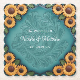 ティール（緑がかった色）工具付き革ひまわり縁どの結婚花 ペーパーコースター