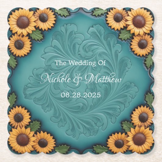 ティール（緑がかった色）工具付き革ひまわり縁どの結婚花 ペーパーコースター (正面)
