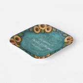 ティール（緑がかった色）工具付き革ひまわり縁どの結婚花 ペーパープレート (傾斜あり)