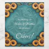 ティール（緑がかった色）工具付き革ひまわり縁どの結婚花 ワインラベル (シングルラベル)