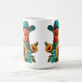 ティール(緑がかった色)帽子とヒマワリ付きオンドリ コーヒーマグカップ (中央)