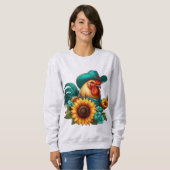 ティール(緑がかった色)帽子とヒマワリ付きオンドリ スウェットシャツ (正面フル)