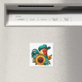 ティール（緑がかった色）帽子とヒマワリ付きオンドリ マグネット (インサイチュ (食洗機))