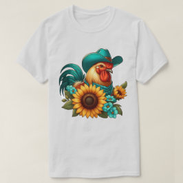 ティール（緑がかった色）帽子とヒマワリ付きオンドリ Tシャツ