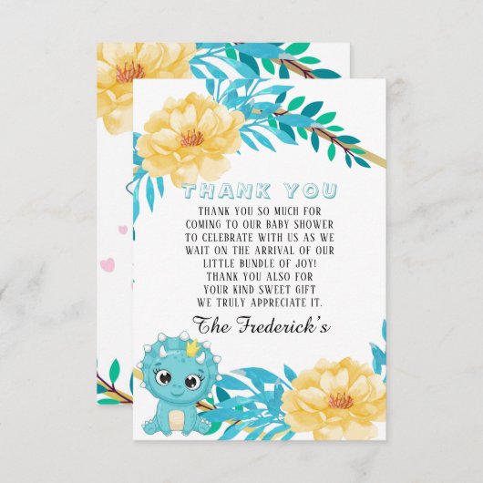 ティール（緑がかった色）恐竜ガールベビーシャワーサンキューカード サンキューカード (正面/裏面)