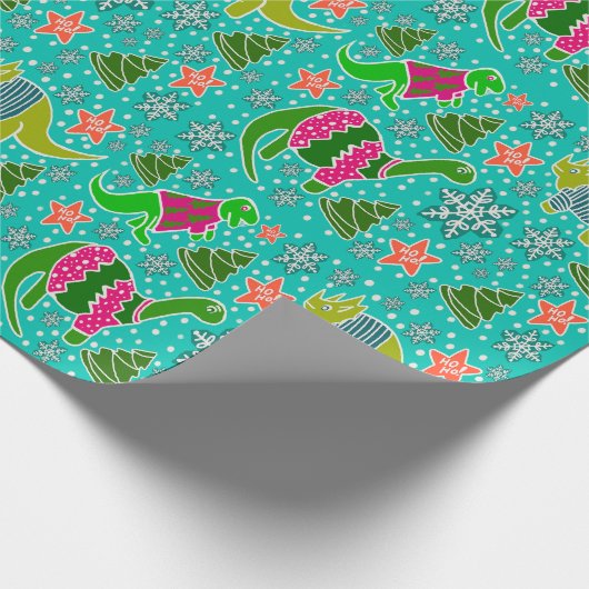 ティール(緑がかった色)恐竜クリスマス ラッピングペーパー (角)