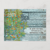 ティール（緑がかった色）愛する鳥が木に座って日を守る 案内ポストカード (裏面)