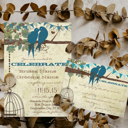 ティール(緑がかった色)愛の鳥が木に座って日付を保存 招待状