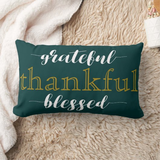 ティール（緑がかった色）感謝感謝賛美タイポグラフィ枕 ランバークッション (ブランケット)