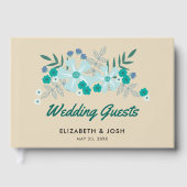 ティール(緑がかった色)手描き結婚の花 ゲストブック (正面)