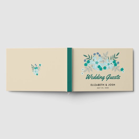 ティール(緑がかった色)手描き結婚の花 ゲストブック (全面)