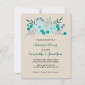 ティール（緑がかった色）手描き花、リハーサルディナー招待状 招待状 (正面)