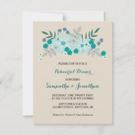 ティール（緑がかった色）手描き花、リハーサルディナー招待状 招待状