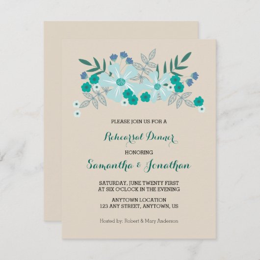 ティール（緑がかった色）手描き花、リハーサルディナー招待状 招待状 (正面/裏面)